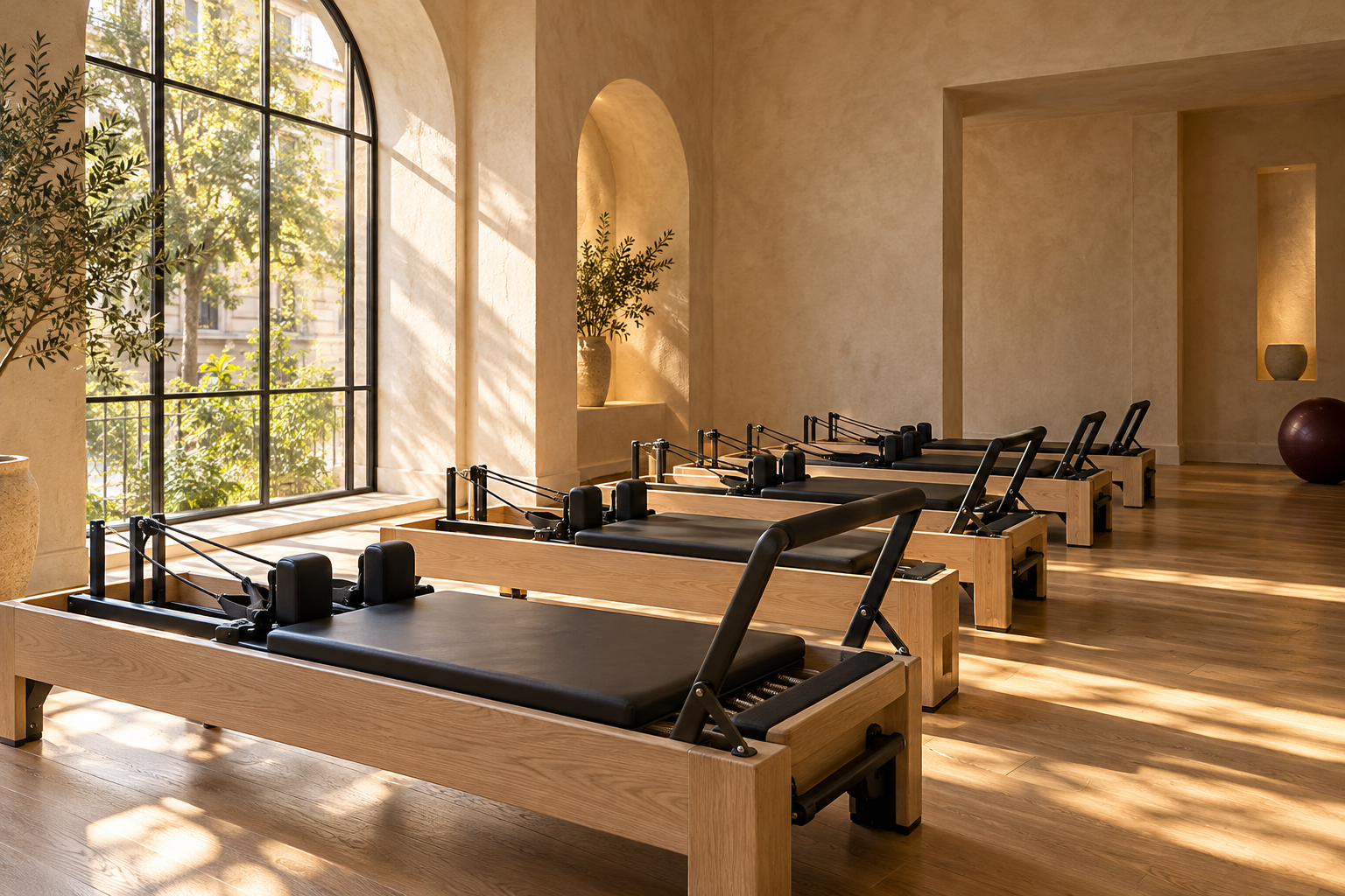 Illustrative boutique Pilates studio with reformer equipment and natural light